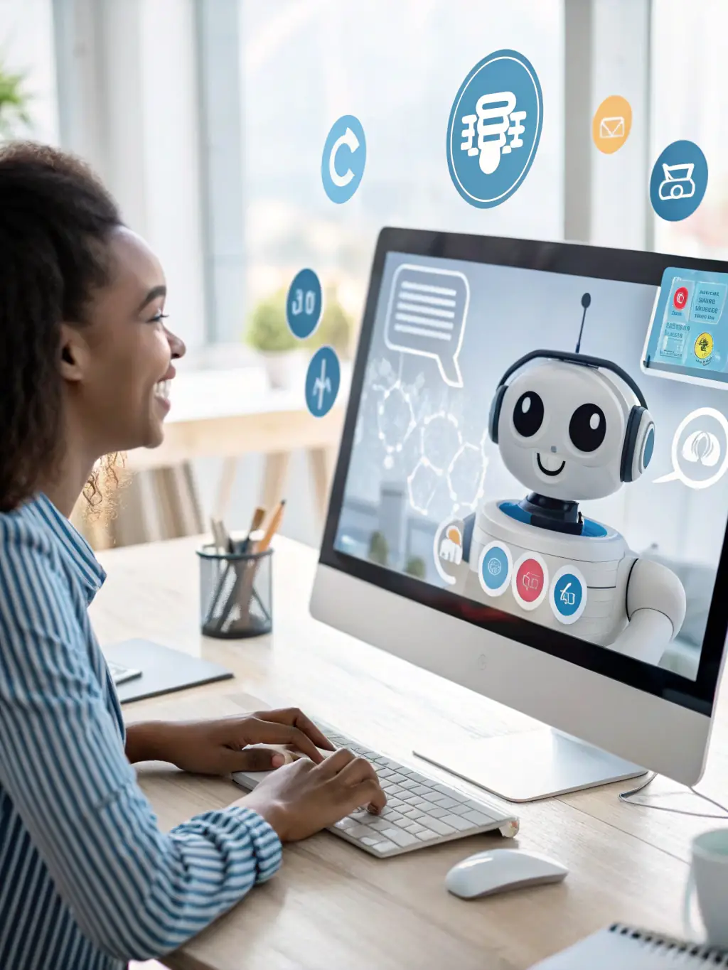 An illustration of an AI chatbot handling customer inquiries and resolving issues without human intervention, demonstrating 24/7 support.